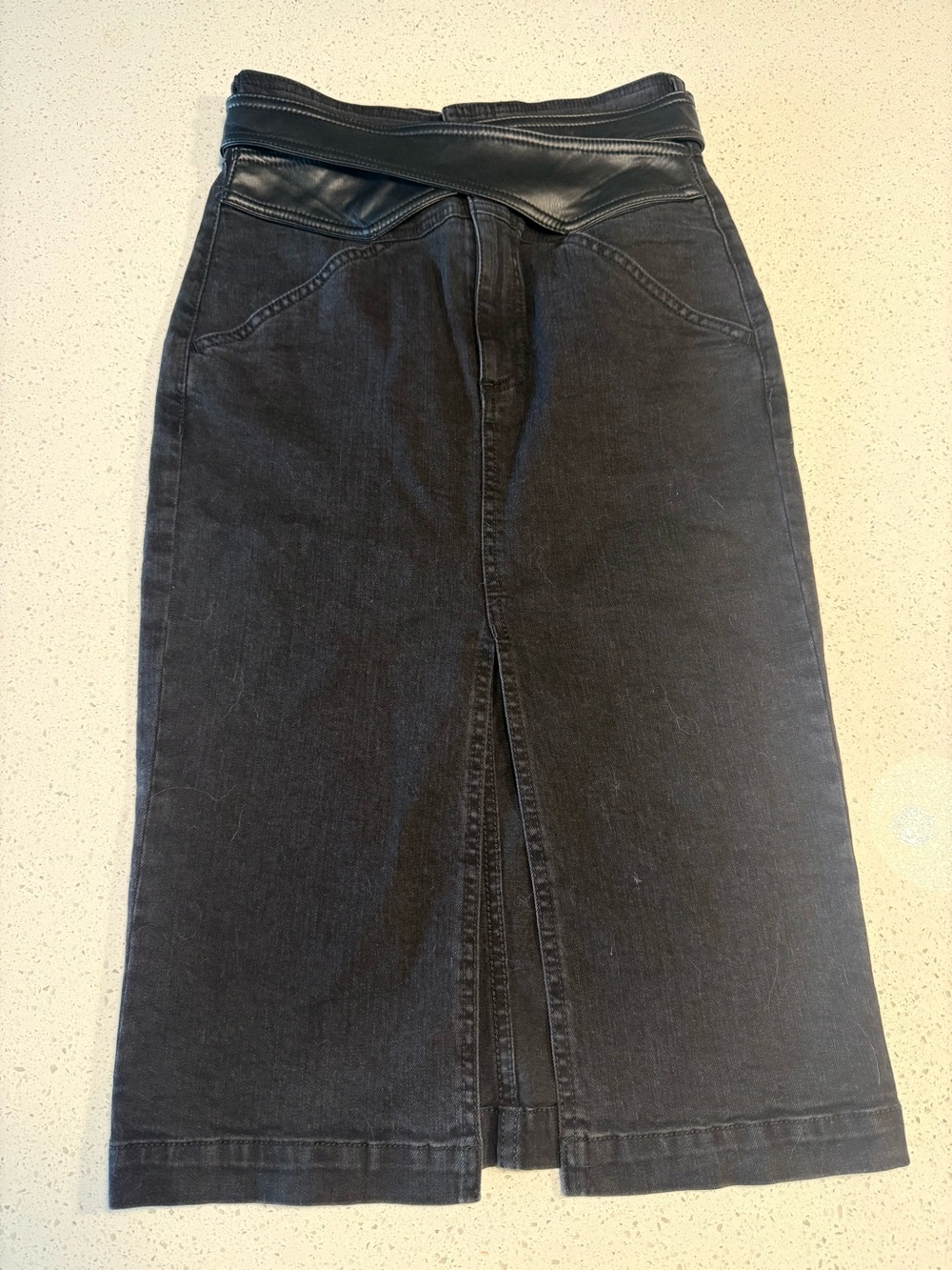 Pinko Black Midi Denim Skirt with Faux Leather Crossover Waistband